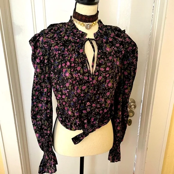 NWOT Free People Meant to Be Poets Sleeve Black Floral Cotton‎ Blouse Size Large - Picture 2 of 8
